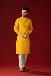 Ensemble pyjama Kurta en coton imprimé jaune pour homme, tenue Haldi